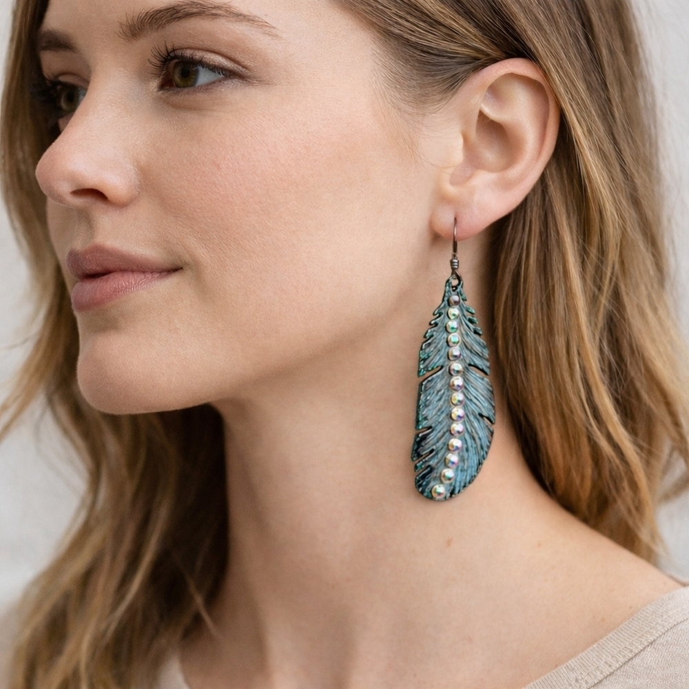 Rhinestone Feather Drop Earrings Blue bronze Patina Metal Boho Western pierced